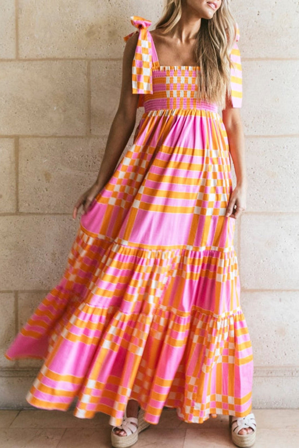 Pink Boho Gingham Tied Straps Smocked Maxi Dress  SOUTHERNSASSAR
