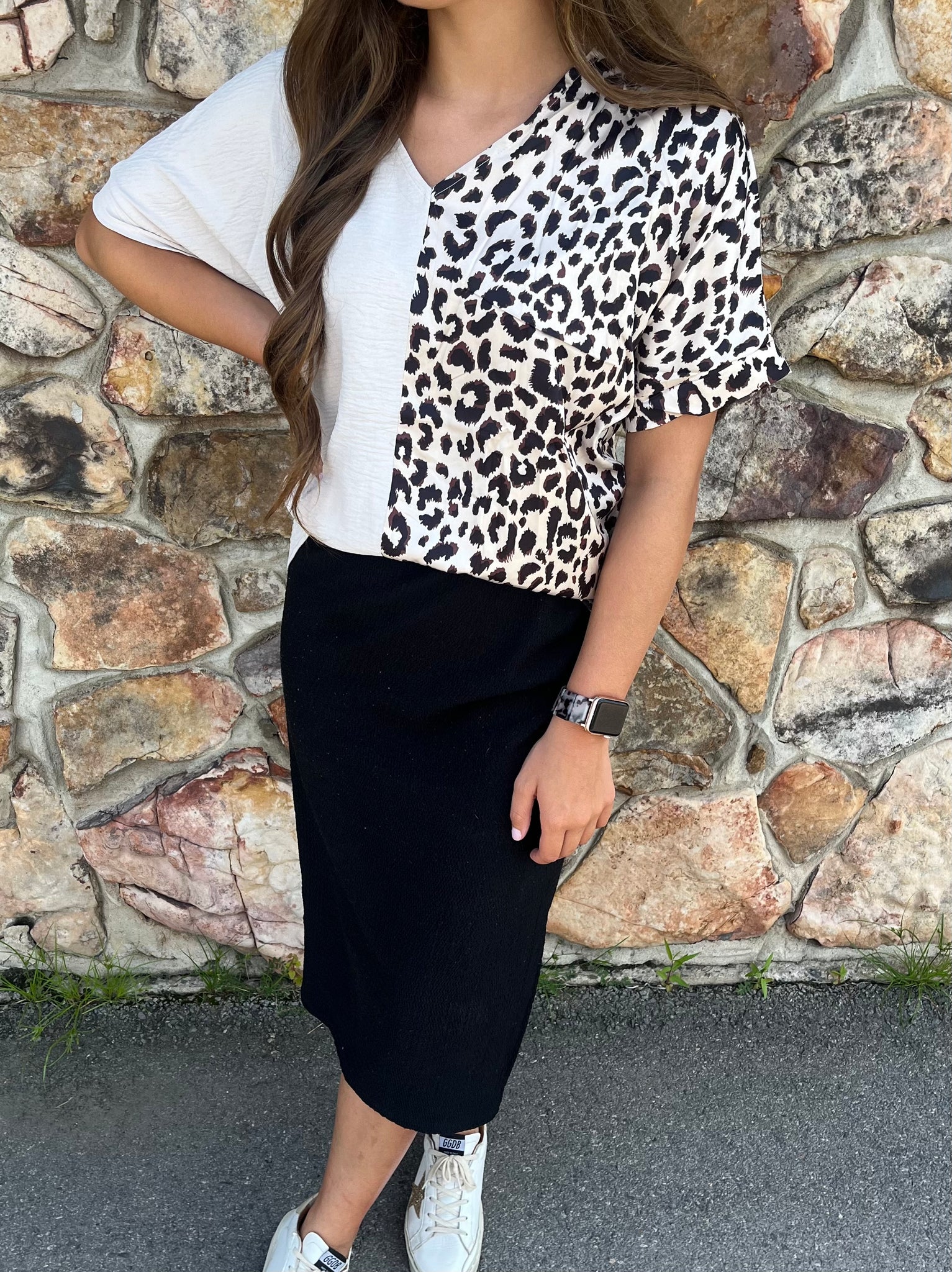 Khaki contrast Leopard Color Block Blouse