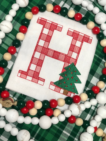GINGHAM SKETCH LETTER WITH CHRISTMAS TREE LONGSLEEVE TSHIRTS