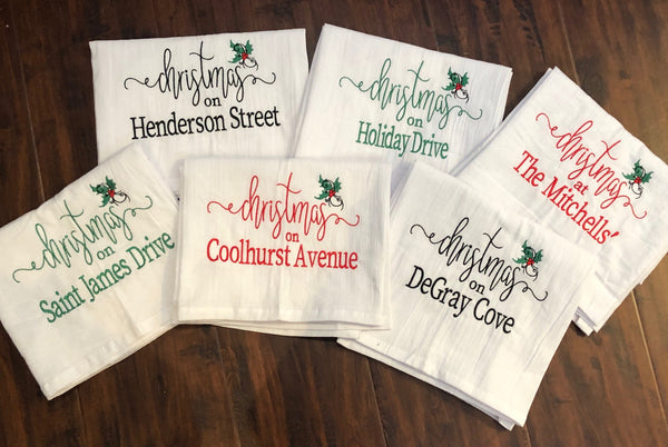 CHRISTMAS TEA TOWELS WITH STREET NAME OR FAMILY NAME