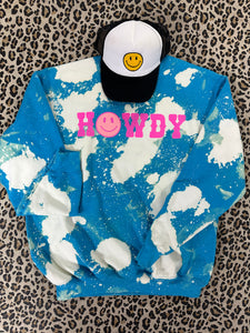 HOT PINK HOWDY ON TURQUOISE BLEACHED SWEATSHIRT