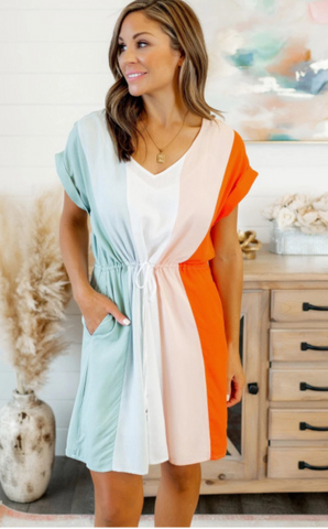 The "Camille" Colorblock Tie Waist Dress with Pockets