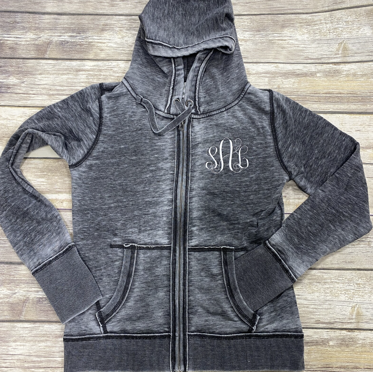 ACID WASHED HOODED ZIP UP JACKETS WITH FREE EMBROIDERY