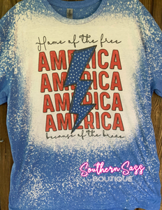 HOME OF THE FREE - AMERICA & LIGHTNING BOLT BLEACHED TEE