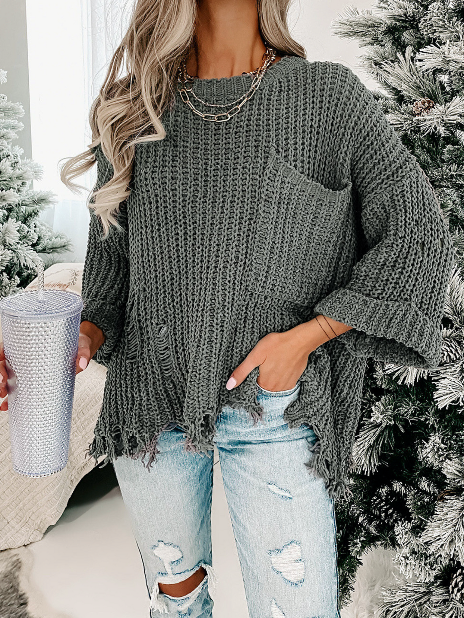 CUT TO THE CHASE CHUNKY GREY SWEATER