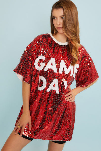 GAME DAY SEQUIN LETTER TUNIC TOP