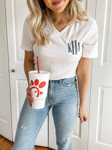 CLASSY V-NECK TEE WITH WHIT FONT